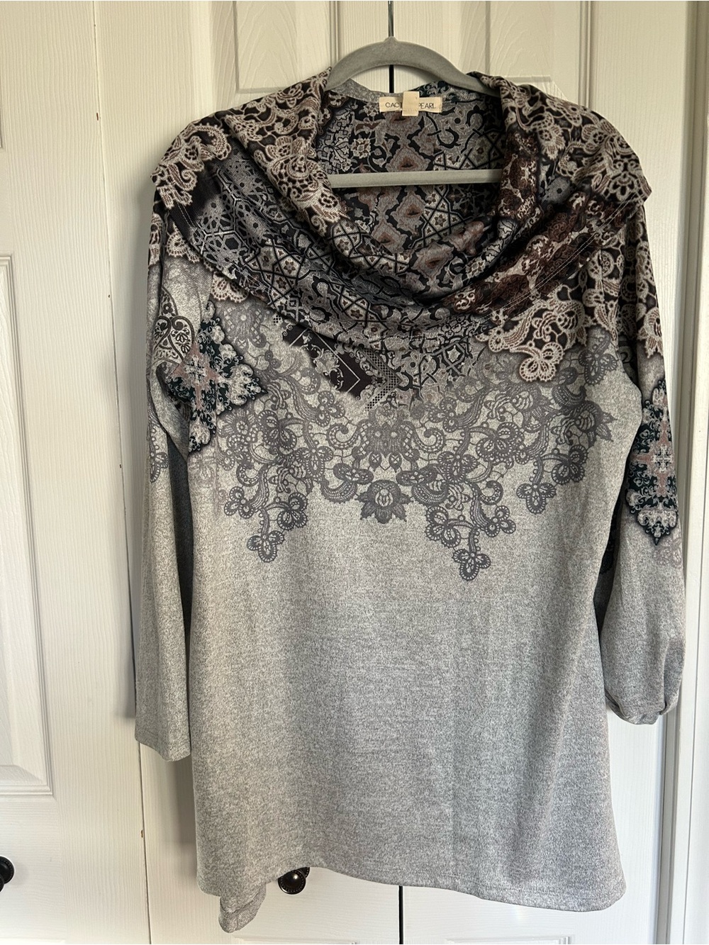 Cactus &Pearl Women's Grey Lace-Print Cowl Neck Tunic